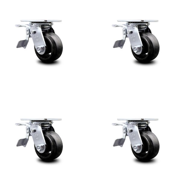 4 Inch Rubber on Steel Caster Set with Ball Bearing and Total Lock Brake SCC